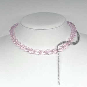 cybercore pastel pink glass necklace with chunky steel chain detail y2k futurism