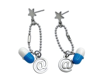 webcore cyber y2k pill earrings with internet @ charm, stainless steel star studs cybercore