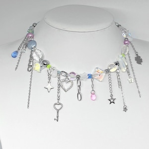 cyber y2k rhinestone necklace with cute star heart clover charms & chains, pastels neon
