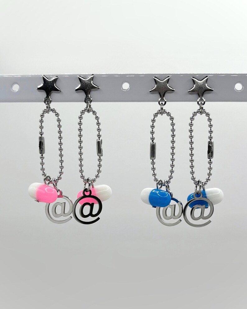 Cybercore Y2k Star Earrings With Neon Pink Pill Charms, Cute Mcbling ...