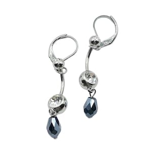 steel black monochrome grunge drop earrings with silver crystal rhinestone piercings