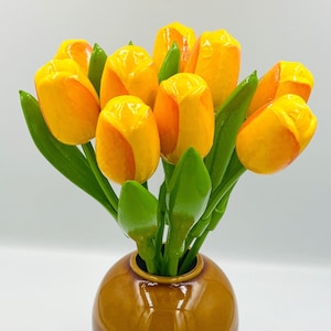 9 Yellow-Orange Wooden Tulips, Dutch – 34 cm (13.4″), hand-painted, tulip bouquet, table decoration, decoration, cottage core