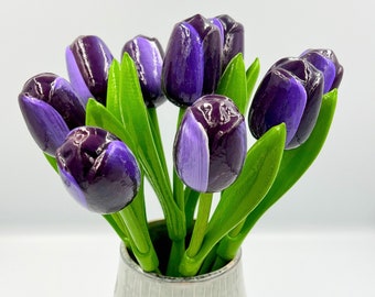 9 Purple Wooden Tulips from Holland 34cm (13.4") Tall Hand Painted Tulip Bouquet Table Centerpieces Decoration Cottagecore Tulip Vase Not Included
