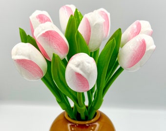 Wooden tulips from Holland, white-pink, bouquet of 9 tulips, height 34cm, hand-painted, for wedding anniversary, mother's day, decoration