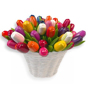 32 wooden tulips from Holland, tulips 34 cm high, very beautiful colorful tulip mix, hand-painted, cottagecore, WITHOUT basket
