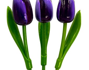 3 large wooden tulips, Dutch style, 34 cm, hand-painted, white, yellow, orange, aubergine, cottagecore, gift for her, Mother&#39;s Day