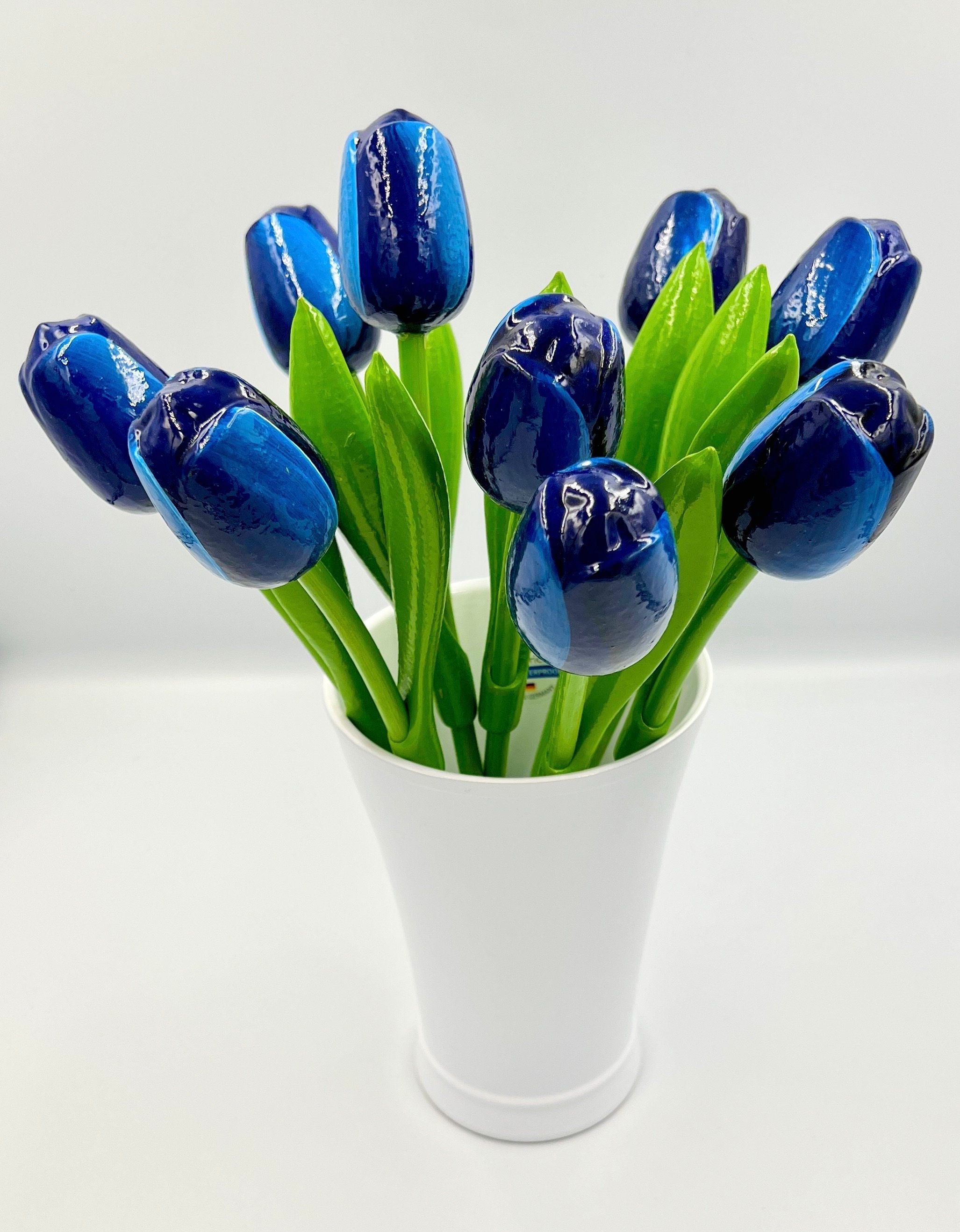 オランダ　木製チューリップの花束（緑の花瓶付き） オランダ風の青い木製チューリップ9本、高さ34cm（13.4インチ
