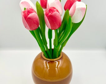 Wooden tulips from Holland, white pink, bouquet of 7 tulips, height 34cm, hand-painted, for wedding anniversary, mother's day, decoration