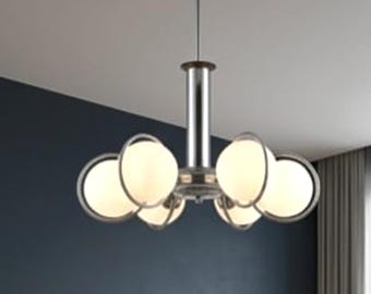Lampadario anni '70 - Vetro soffiato Cromo, Legno e Vetro Opale Soffiato - Design Italiano