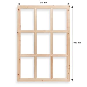 May include: A wooden window frame with nine panes. The frame is made of light-coloured wood and measures 67.8 cm wide and 99.9 cm tall. The window frame is empty, with no glass or other material in the panes.