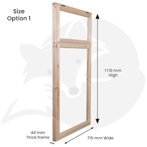 May include: A light-coloured wooden window frame with a rectangular design, labelled Size Option 1. The frame measures 1110 mm high, 715 mm wide, and has a 44 mm thick frame. The structure features two distinct open sections within the wooden border.