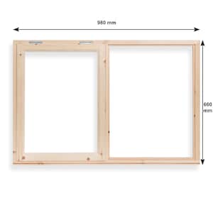 May include: A natural wood window frame with two sections. The frame is 980 mm wide and 660 mm high. The window has a simple design with visible wood grain and metal hinges.