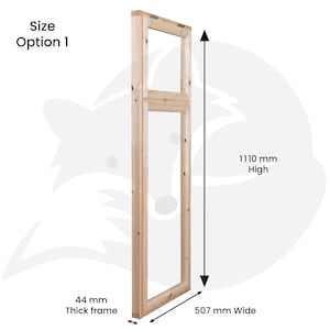 May include: A tall, rectangular light-coloured wooden frame with a horizontal crossbar, labelled Size Option 1. The frame measures 1110 mm high, 507 mm wide, and has a 44 mm thick frame profile, as indicated by the black dimension arrows and text.