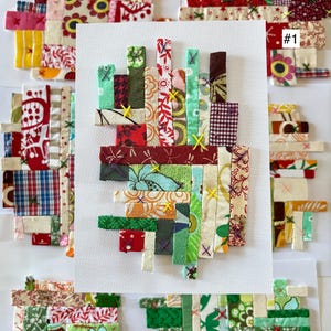 Puede incluir: Obra de arte textil abstracta con un collage de tiras de tela coloridas. La obra presenta varios patrones y texturas, incluyendo diseños florales, geométricos y a cuadros, cosidos con hilo amarillo. El número "#1" es visible.