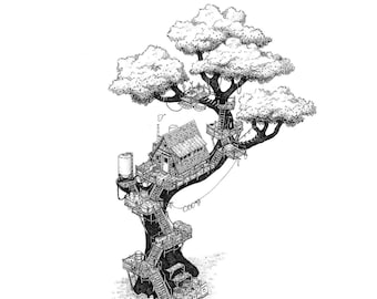 De boomgaard | Boomhut illustratie | Fijne kunstdruk