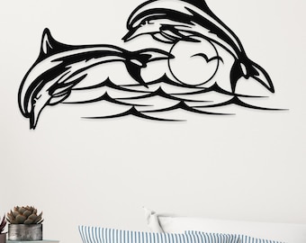 Arte de pared de metal con delfines: decoración costera de playa