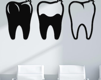 Set van 3 metalen wanddecoraties in de vorm van tanden: moderne inrichting voor de tandartspraktijk