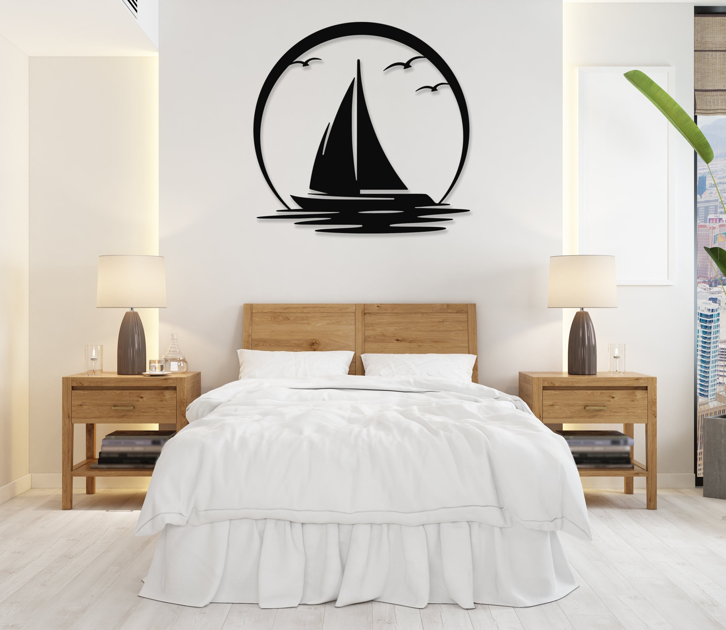 Simple Wire Sailboat Wall Art. White Metal Boat Decor. Sea Themed