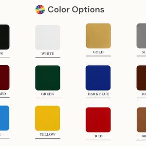 May include: Image displaying a color palette with the text "Color Options." The palette includes squares in various colors: black, white, gold, silver, wine red, green, dark blue, brown, blue, yellow, red, and bronze.