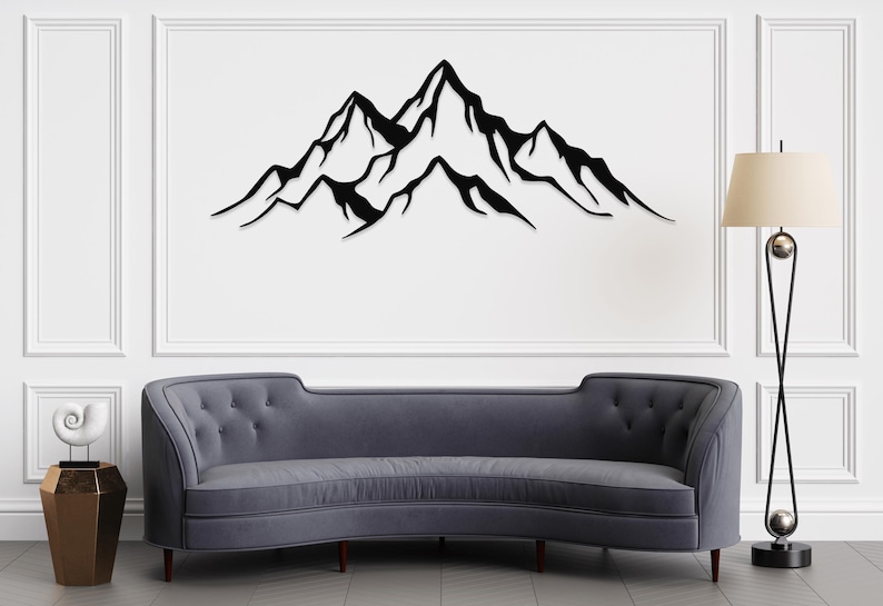 Arte mural de metal con temática de montaña moderna: regalo para la decoración del hogar, decoración mural de metal de gran tamaño.