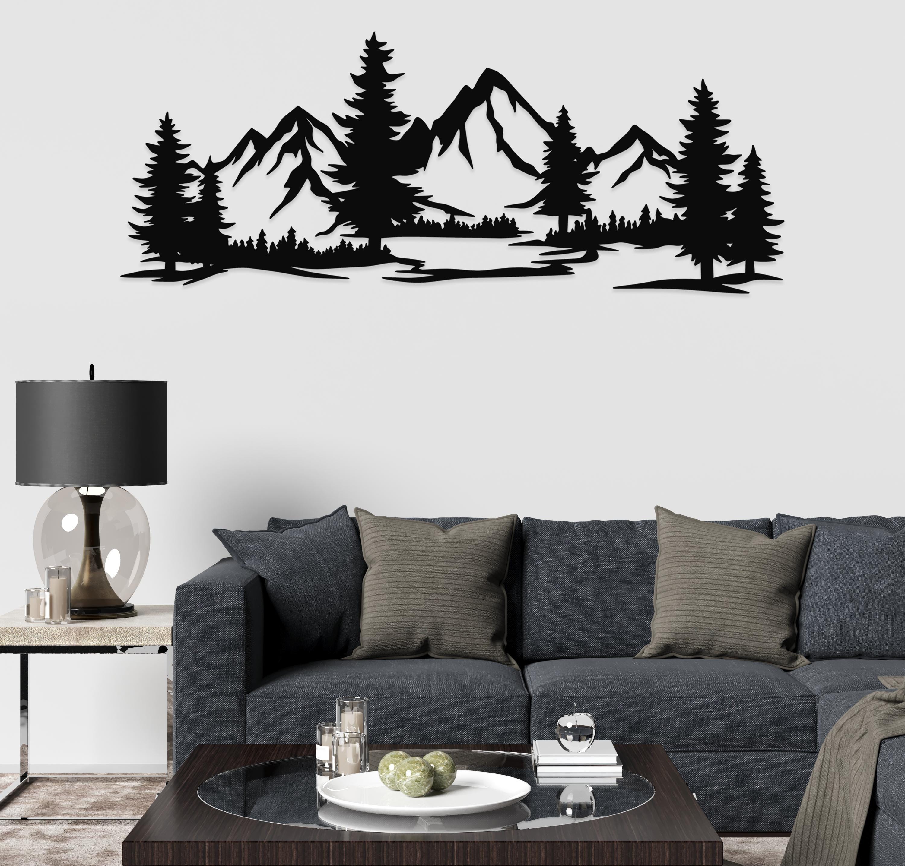 4-Piece Metal Mountain Wall Art Decor – Large Black Forest Landscape Sculpture For Living Room, Bedroom, Office | 50x15.7 Inch Indoor/Outdoor