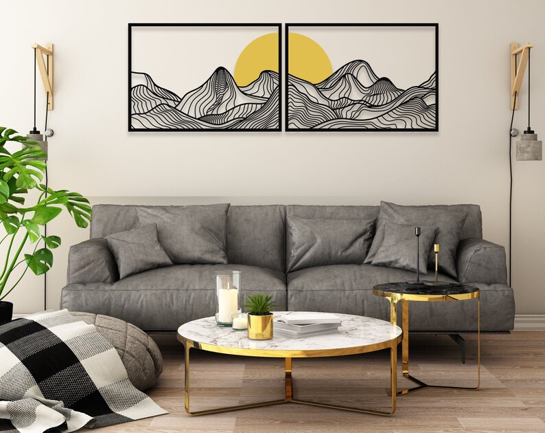 Set of 2 Mountain and Sun Metal Wall Art, Mountain, Metal Wall Art