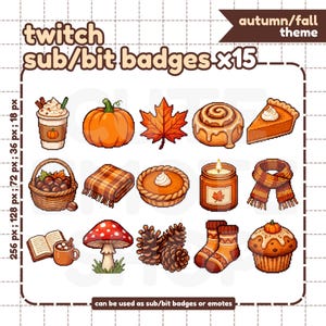 May include: A set of fifteen pixel art icons featuring an autumn theme, including a pumpkin spice latte, pumpkin, maple leaf, cinnamon roll, pumpkin pie slice, basket of chestnuts, plaid blanket, whole pie, candle, scarf, book with cocoa, mushroom, pinecones, socks, and muffin.
