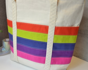 Bolso grande de lona de algodón impermeable con rayas arcoíris