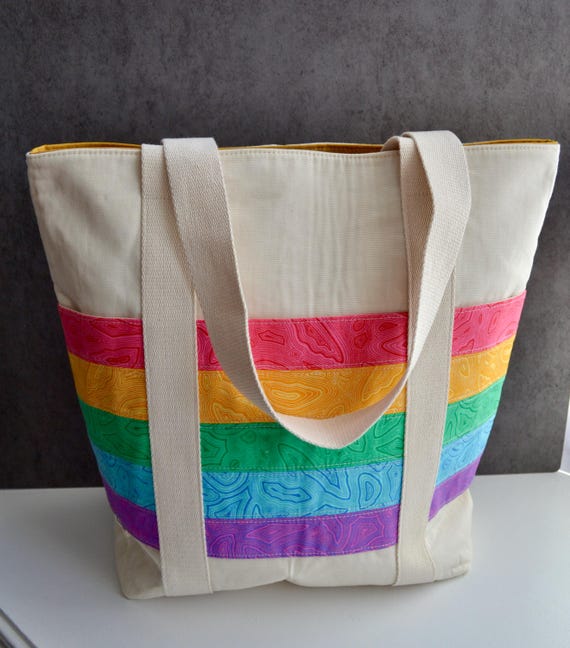 Rainbow Stripe Cotton Canvas Tote Bag: Waterproof Lined Oversized Bag
