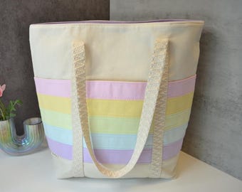 Bolsa de lona impermeable con bolsillo a rayas de arcoíris pastel