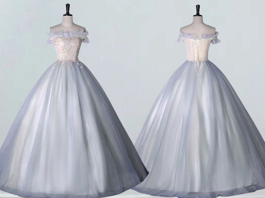 A Line One Shoulder Grey Blue Plus Size Ball Dress with Embroidery