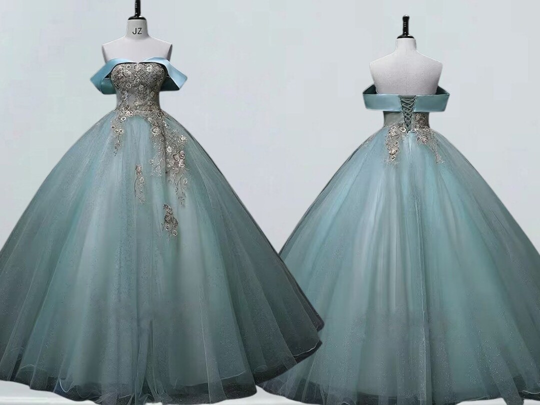 Blue Green off the Shoulder Princess Ball Gown,silver Lace Applique ...