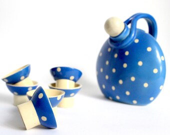 Mid century Italian liqueur set with hand painted white on blue polka dot design, 1960s decanter and shot glasses by Rometti Umbertide