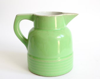 Vintage French art deco pitcher in green, French pottery, 1930s jug