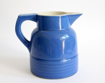 Vintage French art deco pitcher in blue, French country style pottery, 1930s jug