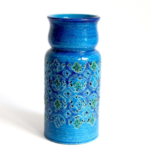 Bitossi vase in blue glaze, mid century Italian pottery, blue Bitossi vase in Spagnolo pattern, mcm Italian ceramics