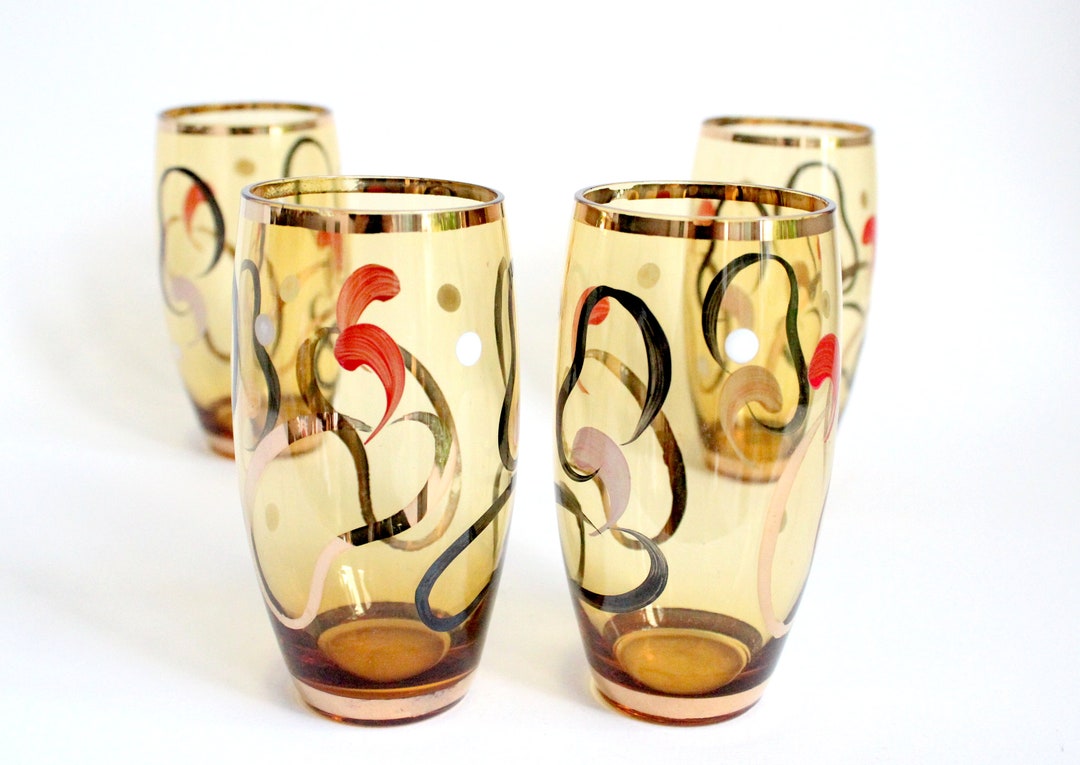 Vintage Cocktail Glasses, Mid Century Highball Glasses, Vintage Hand Painted Tumblers Set of 4