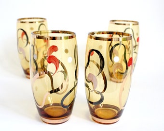 Vintage cocktail glasses, mid century highball glasses, vintage hand painted tumblers set of 4, amber glass, gold highlights abstract design