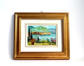 Vintage oil painting of Portofino, Italy, view of port and mountains, original oil painting from Italy, hand painted seascape in gold frame