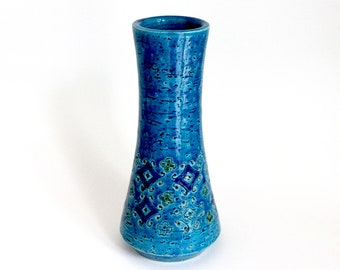 Bitossi vase in blue glaze, mid century Italian pottery, blue Bitossi vase in Spagnolo pattern, mcm Italian ceramics