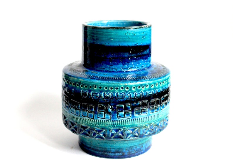 Bitossi cylindrical vase in Rimini blue glaze from the 60s, mid century Italian pottery, blue Bitossi vase, mcm Italian ceramics image 2