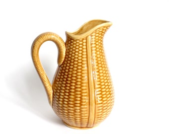 Vintage French pitcher with sweetcorn design, caramel glaze with majolica corn cob pattern, fall decor or tableware