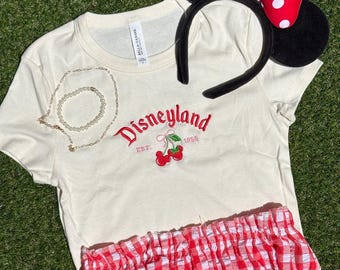 Disneyland Coquette Cherry Embroidered Baby Tee