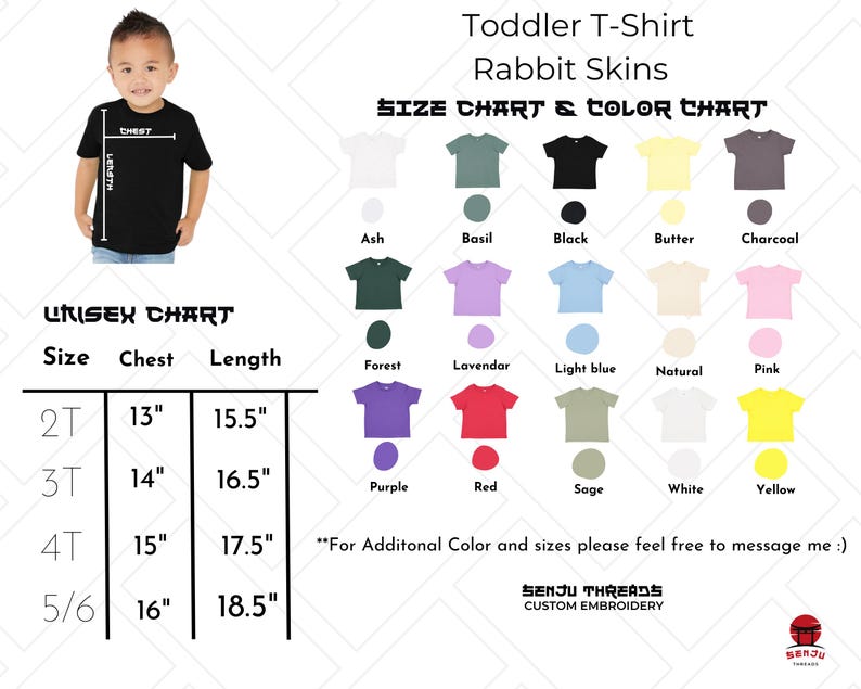 Puede incluir: Una tabla de tallas y colores de camisetas para ni&ntilde;os peque&ntilde;os Rabbit Skins con una camiseta negra, una cuadr&iacute;cula de quince iconos de camisetas de colores con etiquetas y una tabla de tallas unisex con medidas en pulgadas para 2T, 3T, 4T y 5/6.