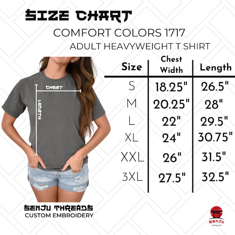 Puede incluir: Tabla de tallas para camisetas pesadas para adultos en Comfort Colors 1717. La tabla muestra las medidas de ancho de pecho y largo en pulgadas para las tallas S, M, L, XL, XXL y 3XL.