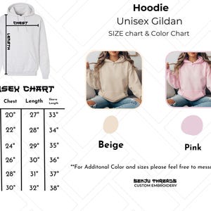 May include: A white Gildan hoodie with a size chart and color options. The chart shows chest, length, and sleeve measurements in inches. Available colors are beige and pink. The text "SENJU THREADS CUSTOM EMBROIDERY" is also visible.