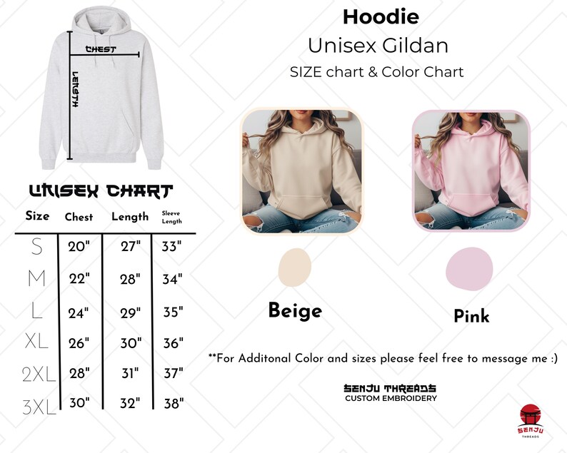 May include: A white Gildan hoodie with a size chart and color options. The chart shows chest, length, and sleeve measurements in inches. Available colors are beige and pink. The text "SENJU THREADS CUSTOM EMBROIDERY" is also visible.