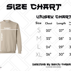 Puede incluir: Tabla de tallas unisex para una sudadera con medidas en pulgadas para el pecho, la longitud y la longitud de la manga. La tabla muestra las tallas S, M, L y XL. El texto "Designs by Senju Threads Custom Sweaters" est&aacute; en la parte inferior de la tabla.