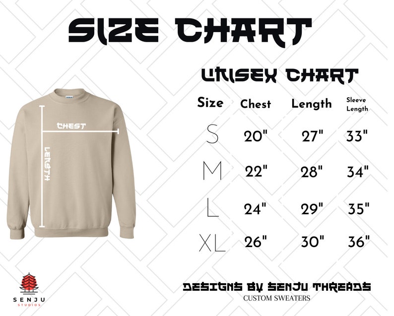 Puede incluir: Tabla de tallas unisex para una sudadera con medidas en pulgadas para el pecho, la longitud y la longitud de la manga. La tabla muestra las tallas S, M, L y XL. El texto "Designs by Senju Threads Custom Sweaters" est&aacute; en la parte inferior de la tabla.