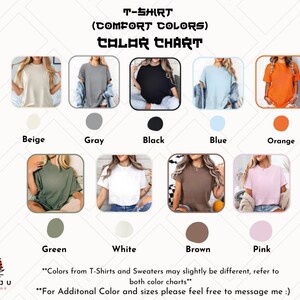 Puede incluir: Carta de colores para camisetas en varios colores, incluyendo beige, gris, negro, azul, naranja, verde, blanco, marr&oacute;n y rosa. La carta incluye una muestra de cada camiseta de color y el texto "T-Shirt (Comfort Colors) Carta de colores".